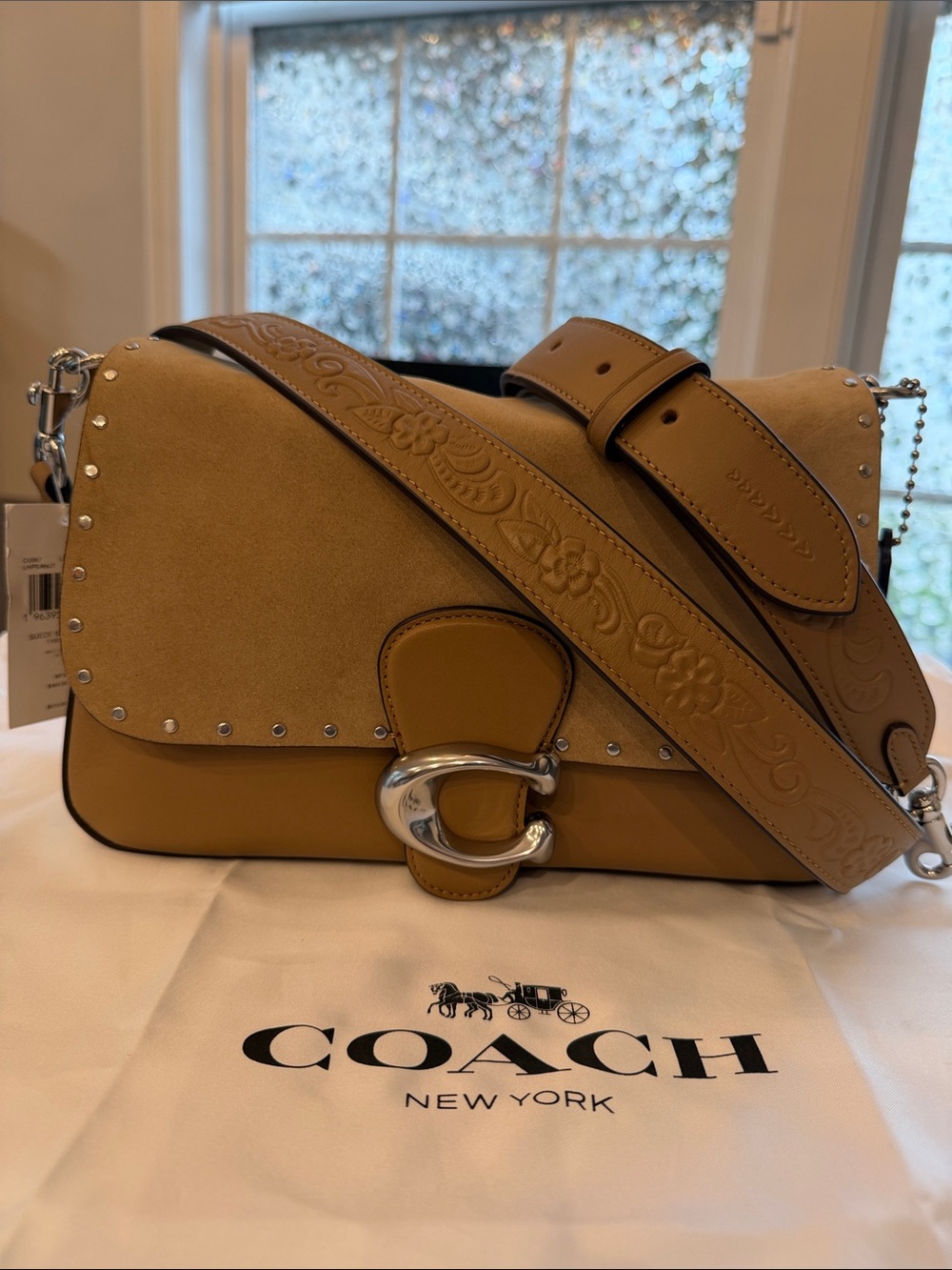 Coach Soft Tabby 26 Suede Shoulder Bag With Rivets Tooling Peanut Silver CU067
